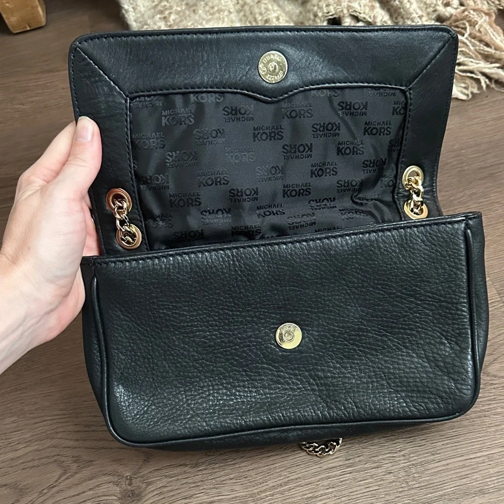 Michael Kors Black Leather Shoulder Bag with Gold Chain